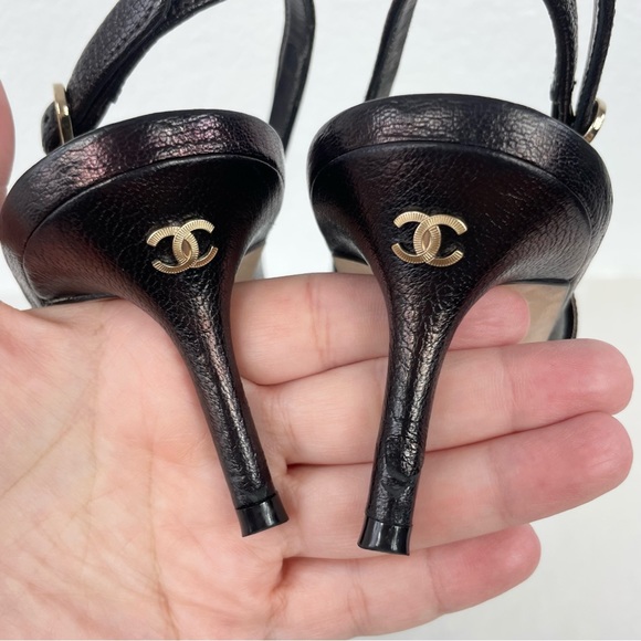 {Chanel} Bronze Leather CC Cap Toe Slingback Sandals Size 39.5 - Picture 12 of 14